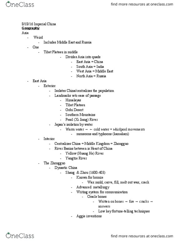 HIST 1112 Lecture Notes - Lecture 1: Qin Shi Huang, Xi River, Timeline Of Chinese History thumbnail