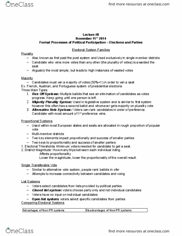 PSCI 2101 Lecture Notes - Lecture 8: Single Transferable Vote, Instant-Runoff Voting, Open List thumbnail