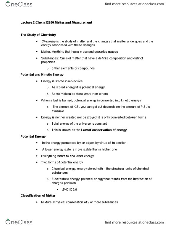 CHM 12901 Lecture Notes - Lecture 2: Chemical Energy, Kilogram, Decimal Mark thumbnail