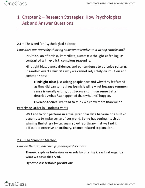 PSY 100 Chapter Notes - Chapter 2: Psychological Science, The Need, Confounding thumbnail