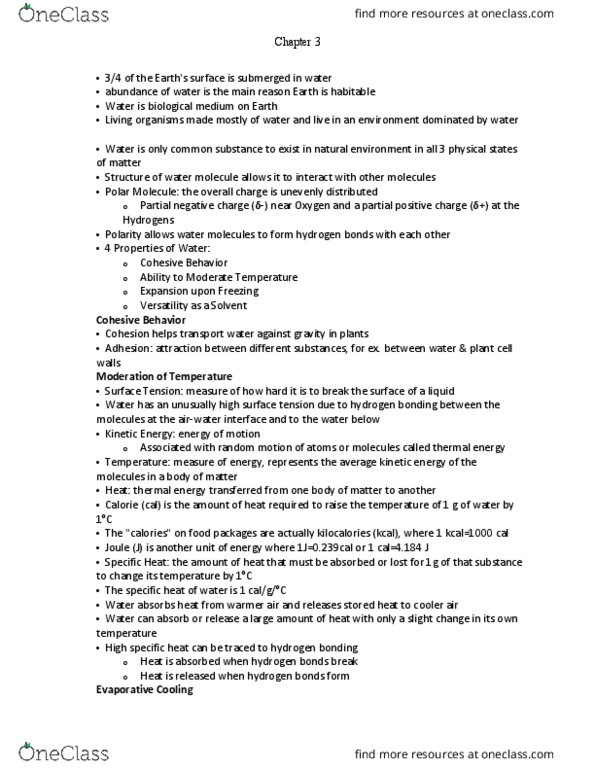 BIOL 111 Lecture Notes - Lecture 3: Hydrogen Bond, Surface Tension, Plant Cell thumbnail