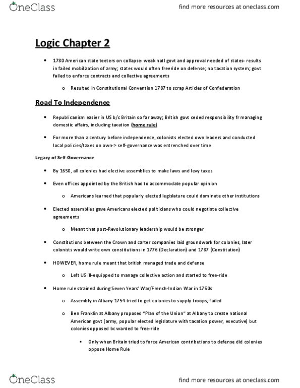 POL SCI 1 Chapter Notes - Chapter 2: Stamp Act Congress, Montesquieu, Daniel Shays thumbnail