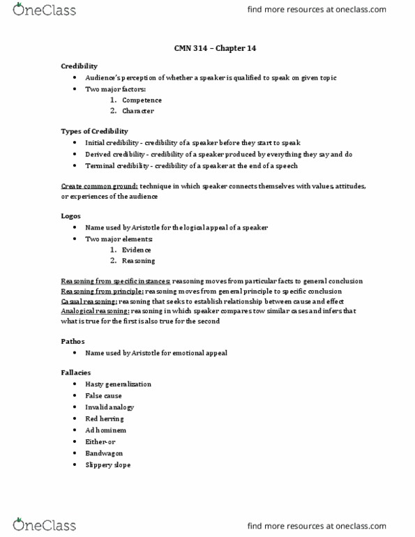 CMN 314 Chapter Notes - Chapter 14: Slippery Slope, Ad Hominem, Pathos thumbnail