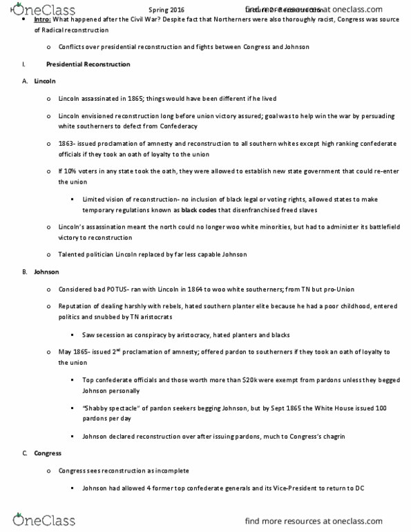 HISTORY 7B Lecture Notes - Lecture 2: White Southerners, Reconstruction Acts, Chicago Tribune thumbnail