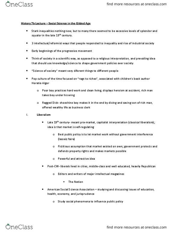 HISTORY 7B Lecture Notes - Lecture 6: American Social Science Association, William Graham Sumner, Ragged Dick thumbnail