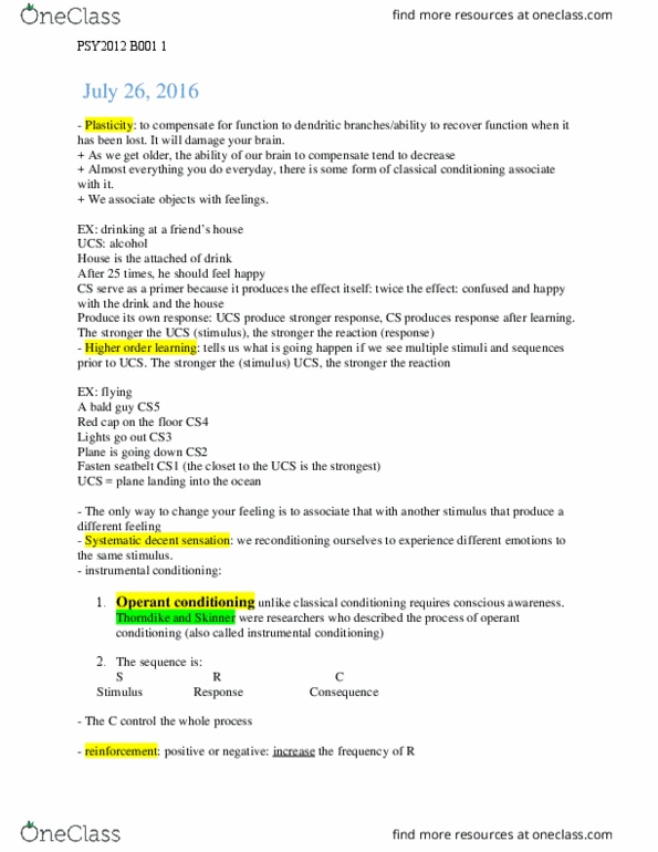 PSY 2012 Lecture Notes - Lecture 13: Classical Conditioning, Operant Conditioning thumbnail