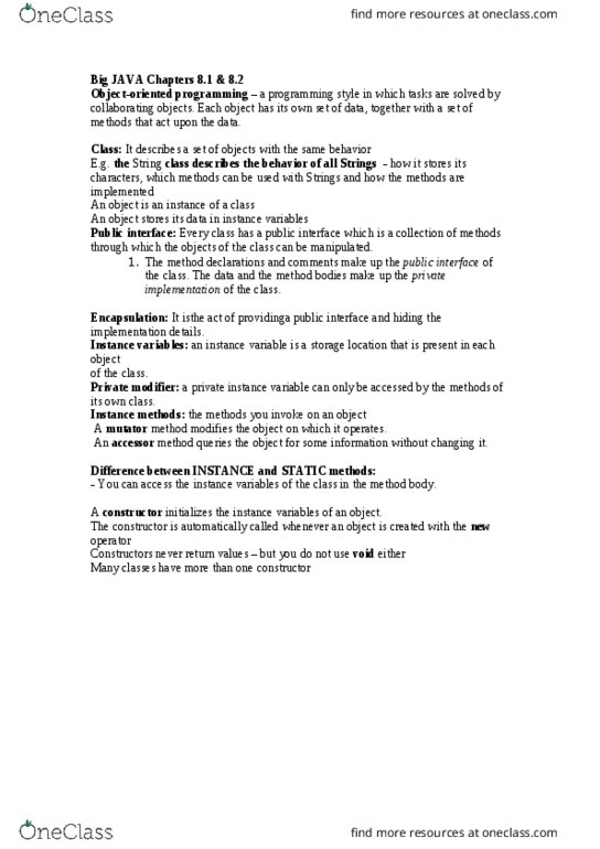 COMS W 1004x Chapter Notes - Chapter 8: Instance Variable, Local Variable, Mutator Method thumbnail