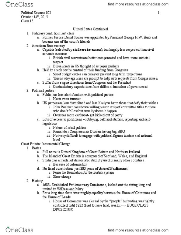 POLS 102 Lecture Notes - Lecture 14: Parliament Act 1911, John Boehner, David Souter thumbnail