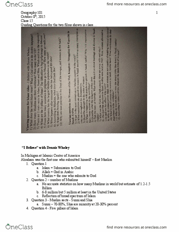 GEOG 101 Lecture Notes - Lecture 15: Salah, Dennis Wholey, Quran thumbnail