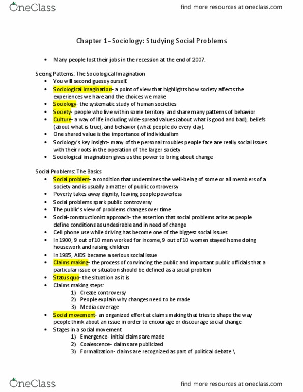 SOC-1100 Chapter Notes - Chapter 1: The Sociological Imagination, Status Quo, Labeling Theory thumbnail