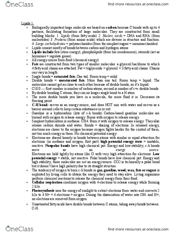 EBIO 1210 Lecture Notes - Lecture 1: Glycerol, Triglyceride, Phospholipid thumbnail