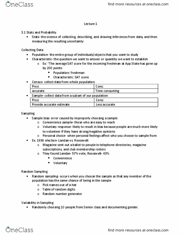 MAT-1010 Lecture Notes - Lecture 1: Random Number Generation, Stratified Sampling, Bias Of An Estimator thumbnail