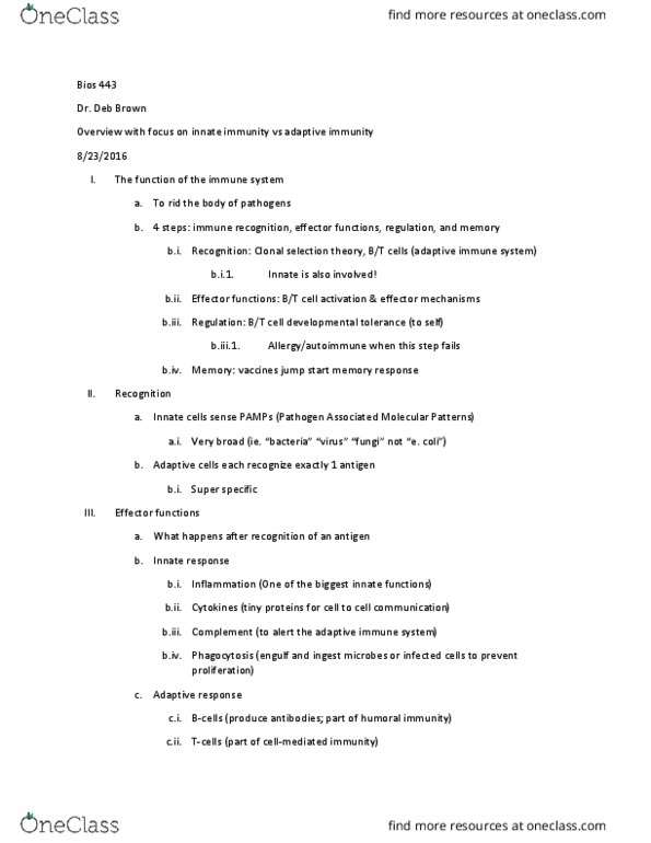 BIOS 443 Lecture Notes - Lecture 1: Pathogen-Associated Molecular Pattern, Clonal Selection, Humoral Immunity thumbnail