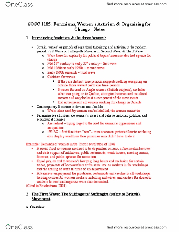 SOSC 1185 Lecture Notes - Lecture 9: Liberal Feminism, Radical Feminism, Socialist Feminism thumbnail
