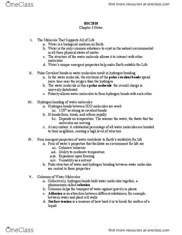 BSC-2010 Chapter Notes - Chapter 3: Sodium Hydroxide, Heat Capacity, Plant Cell thumbnail