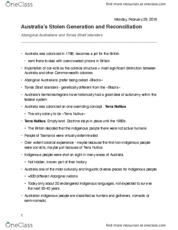 GEG 2108 Lecture Notes - Lecture 12: Reconciliation Australia, Stolen Generations, Terra Nullius thumbnail