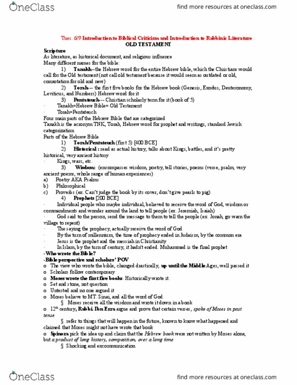 THEO1001 Lecture Notes - Lecture 3: Old Testament, Rabbinic Judaism, Rabbinic Literature thumbnail