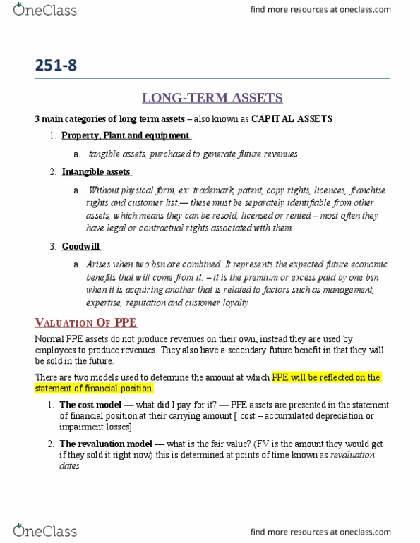 BUS 251 Chapter Notes - Chapter 8: Book Value, Intangible Asset, Asset thumbnail