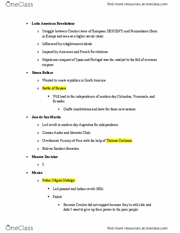 HIST 1112 Lecture Notes - Lecture 6: Antonio López De Santa Anna, Agustín De Iturbide, Latin American Wars Of Independence thumbnail