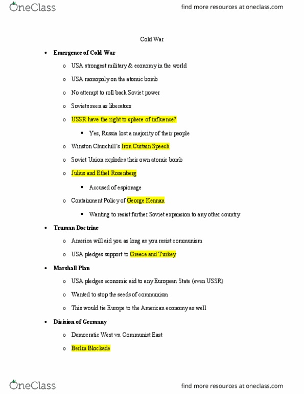 HIST 1112 Lecture Notes - Lecture 9: Nato, Mao Zedong, Warsaw Pact thumbnail