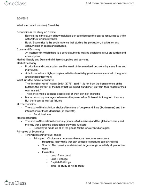 AREC 202 Lecture Notes - Lecture 1: Market Economy, Small Business, Opportunity Cost thumbnail