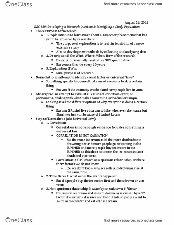 REC 359 Lecture Notes - Lecture 3: Nomothetic, Sampling Frame, Spurious Relationship thumbnail