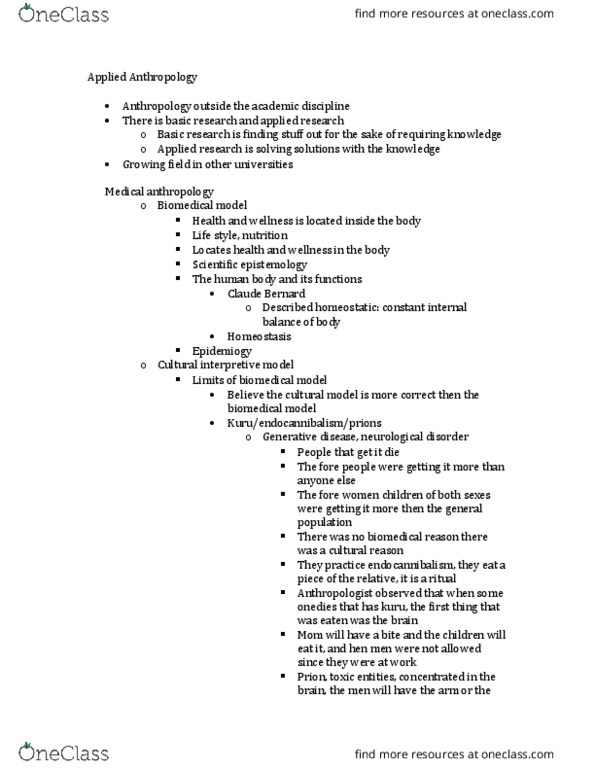 ANT102H5 Lecture Notes - Lecture 15: Endocannibalism, Biomedical Model, Fore People thumbnail