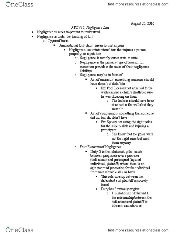 REC 440 Lecture Notes - Lecture 2: The Lockers, Bungee Jumping, Gross Negligence thumbnail