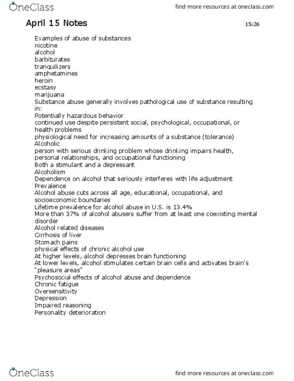 PSY 139 Lecture Notes - Lecture 12: Substance Abuse, Barbiturate, Nicotine thumbnail