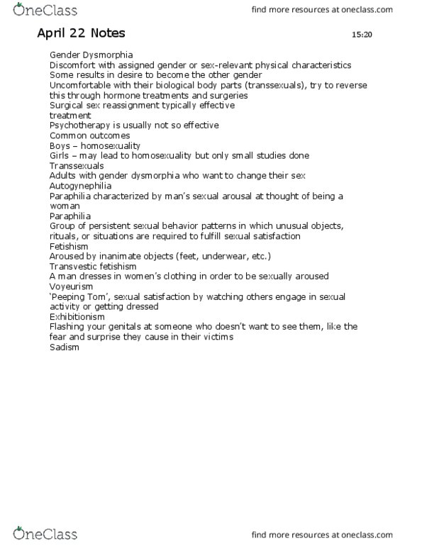 PSY 139 Lecture Notes - Lecture 14: Transvestic Fetishism, Paraphilia, Frotteurism thumbnail