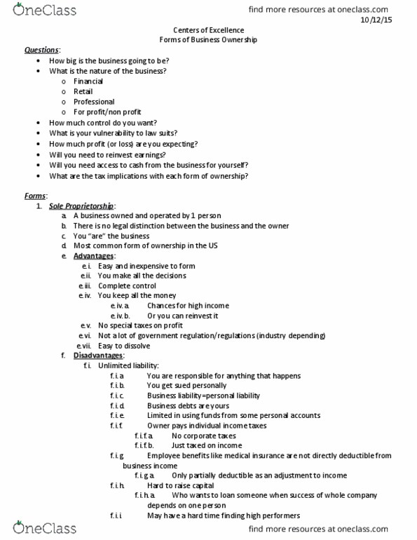 BUS 1000 Lecture Notes - Lecture 8: Limited Liability Company, Sole Proprietorship, General Partnership thumbnail