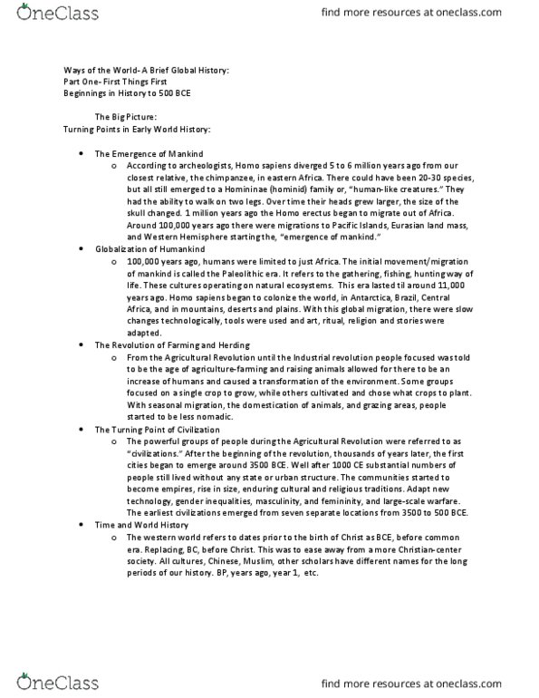 HIST 101 Chapter Notes - Chapter pg. 3-7: Homo Erectus, First Things, Homininae thumbnail