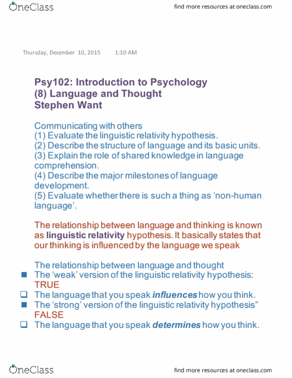 PSY 102 Lecture Notes - Lecture 8: Hopi Language, Dani People, Linguistic Relativity thumbnail