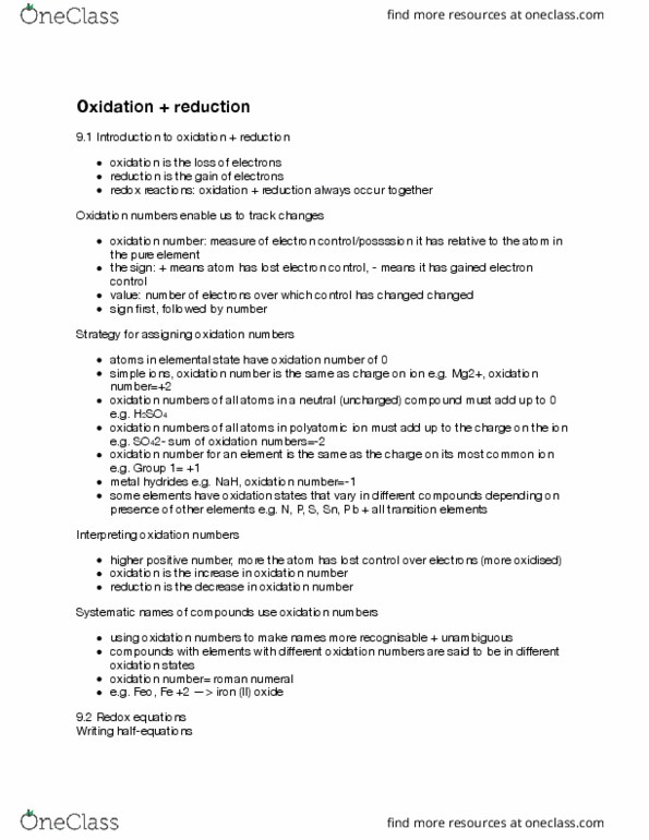 CHM136H1 Chapter Notes - Chapter 9: Oxidizing Agent, Iron(Ii) Oxide, Oxidation State thumbnail