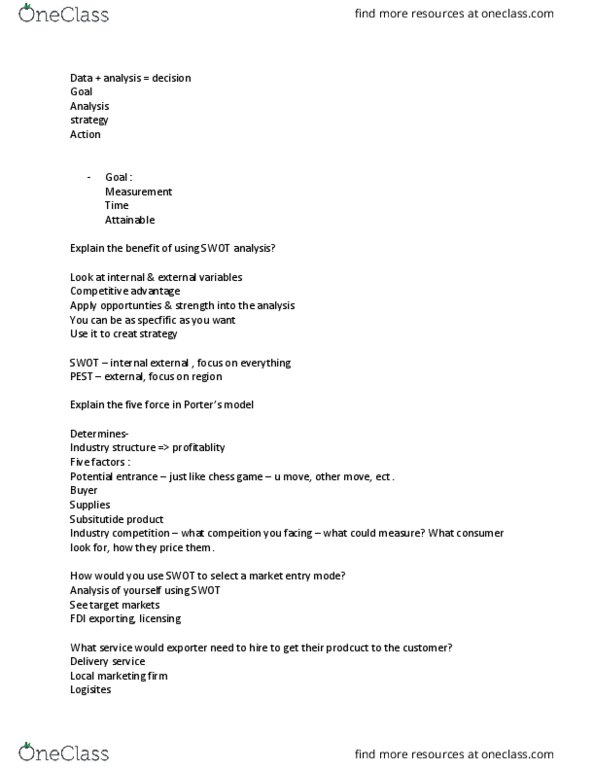 BUS 200 Lecture Notes - Lecture 5: Swot Analysis, Competitive Advantage thumbnail