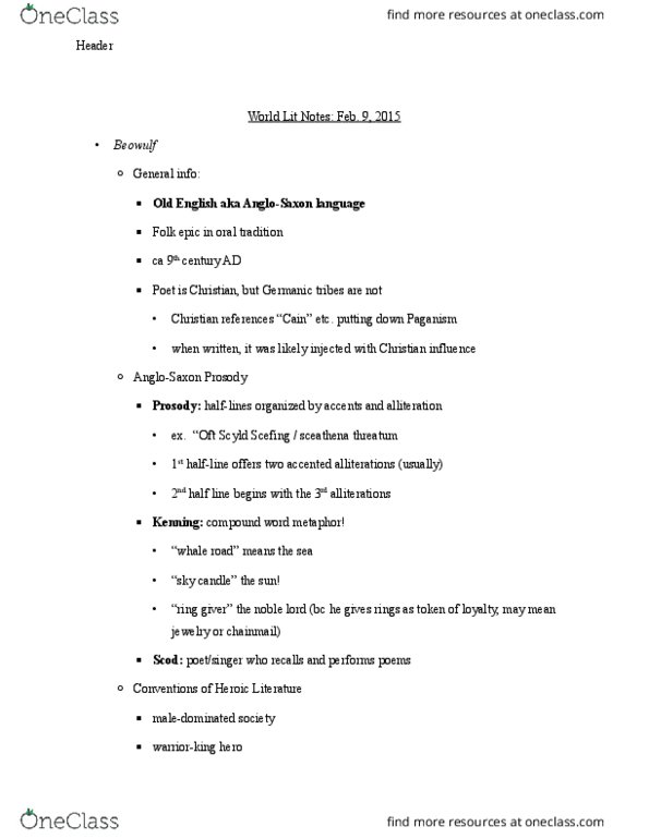 ENGL 2110 Lecture Notes - Lecture 6: Germanic Peoples, Weregild, Thegn thumbnail