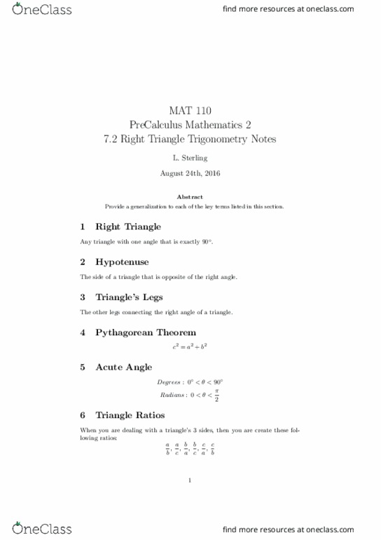 MAT 110 Lecture Notes - Lecture 3: Pythagorean Theorem, Hypotenuse, Angle thumbnail