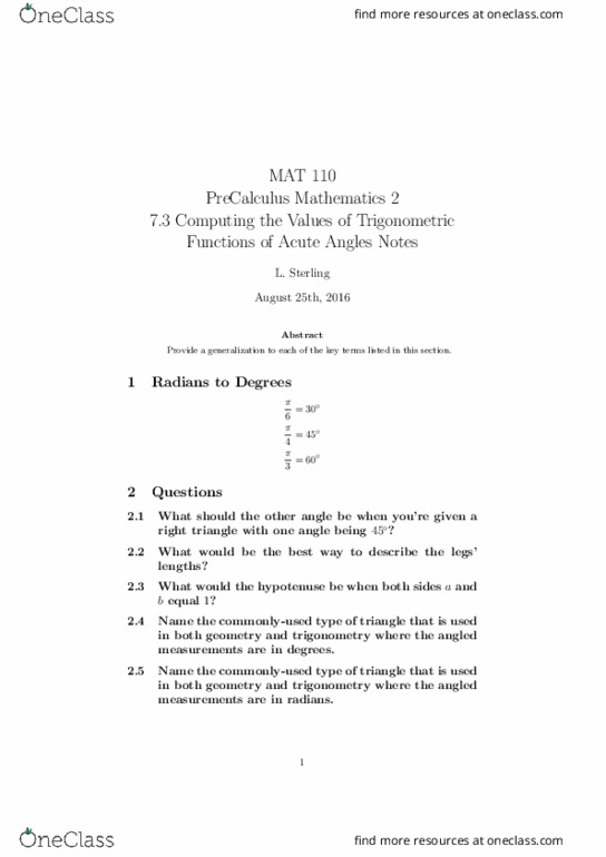 MAT 110 Lecture Notes - Lecture 4: Trigonometric Functions, Hypotenuse, Ceilometer thumbnail
