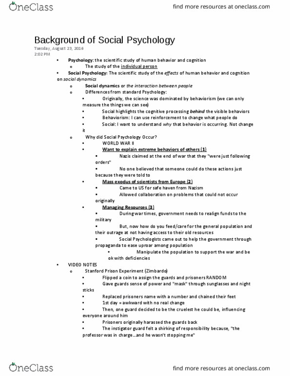 PSYC 2084 Lecture Notes - Lecture 1: Social Dynamics, Behaviorism, Stanford Prison Experiment thumbnail