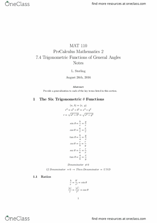 MAT 110 Lecture Notes - Lecture 5: Trigonometric Functions thumbnail