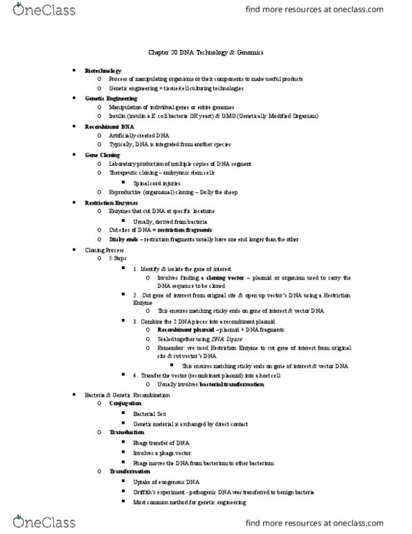 BSC 2010 Chapter Notes - Chapter 20: Genetically Modified Organism, Somatic Cell Nuclear Transfer, Embryonic Stem Cell thumbnail