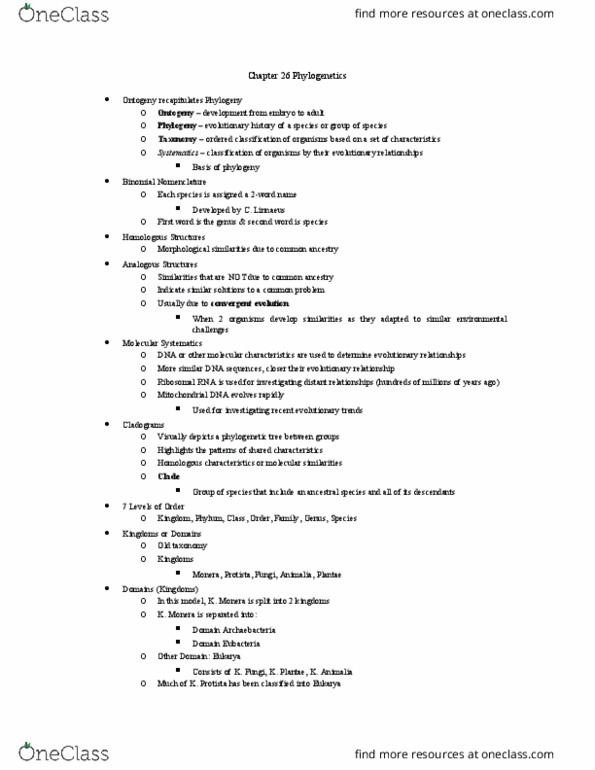 BSC 2010 Chapter Notes - Chapter 26: Binomial Nomenclature, Ontogeny, Ribosomal Rna thumbnail