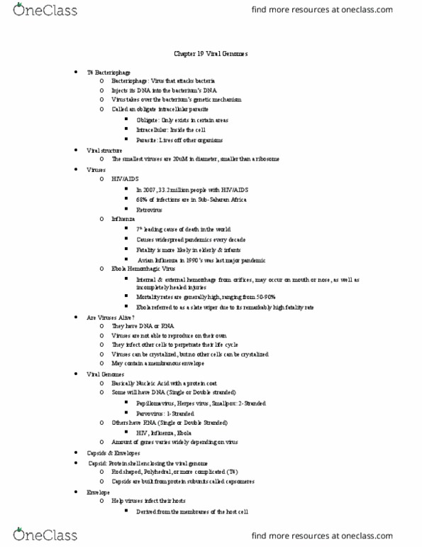 BSC 2010 Chapter Notes - Chapter 19: Intracellular Parasite, Avian Influenza, Enterobacteria Phage T4 thumbnail