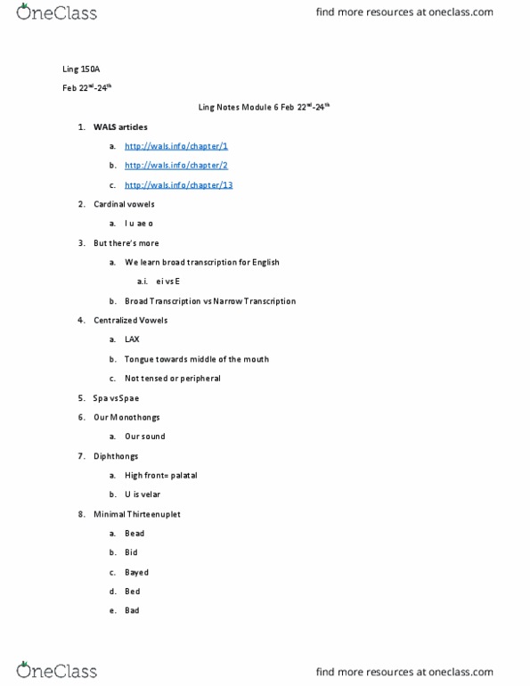 LING 150A1 Lecture Notes - Lecture 3: Articulatory Phonetics, Acoustic Phonetics, Cardinal Vowels thumbnail