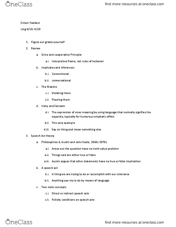 LING 150A1 Lecture Notes - Lecture 11: Indirect Speech, Sarcasm, Pragmatics thumbnail
