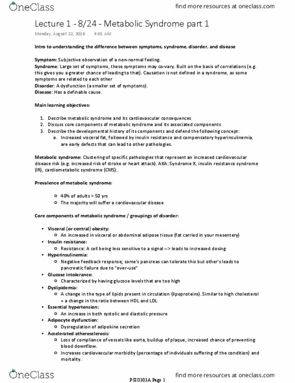 PSIO 303A Lecture Notes - Lecture 2: Hyperinsulinemia, Insulin Resistance, Cardiovascular Disease thumbnail