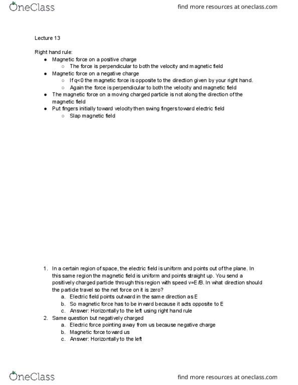 PHYS 6B Lecture Notes - Lecture 13: Right-Hand Rule, Electric Field, Net Force thumbnail