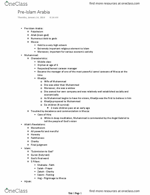 HIST 1112 Lecture Notes - Lecture 1: Zakat, Hajj, Interjection thumbnail