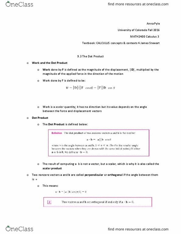 MATH 2400 Chapter Notes - Chapter 9.3: Vector Projection, Signed Number Representations thumbnail