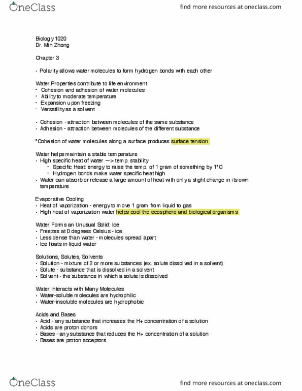 BIOL 1020 Lecture Notes - Lecture 2: Central Min, Surface Tension, Solution thumbnail